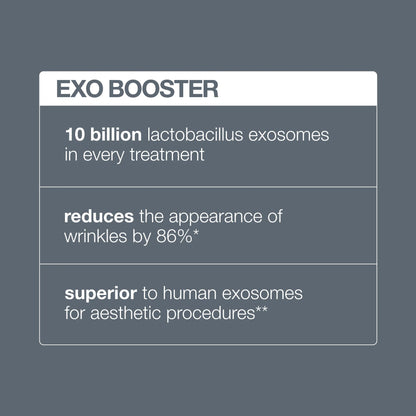 Advertisement for EXO BOOSTER with text about lactobacillus exosomes and their benefits.
