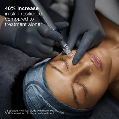 Person receiving microneedling treatment on face with text about skin resilience increase.